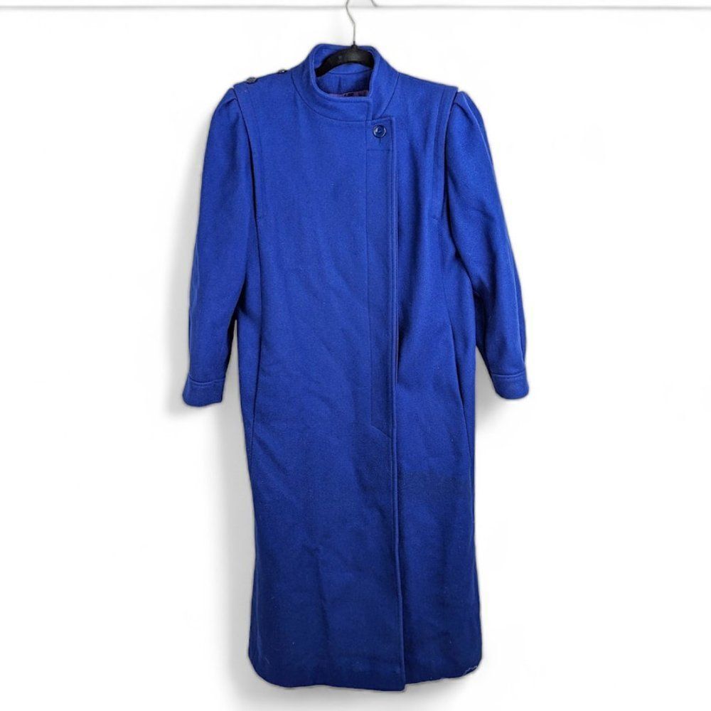 Vintage 70s Bright Royal Blue Wool Blend Full Length Overcoat ILGWU Medium